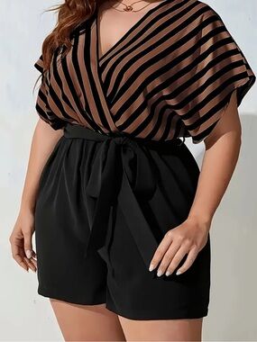 🔴 SHEIN Curve Black and Brown Striped Romper